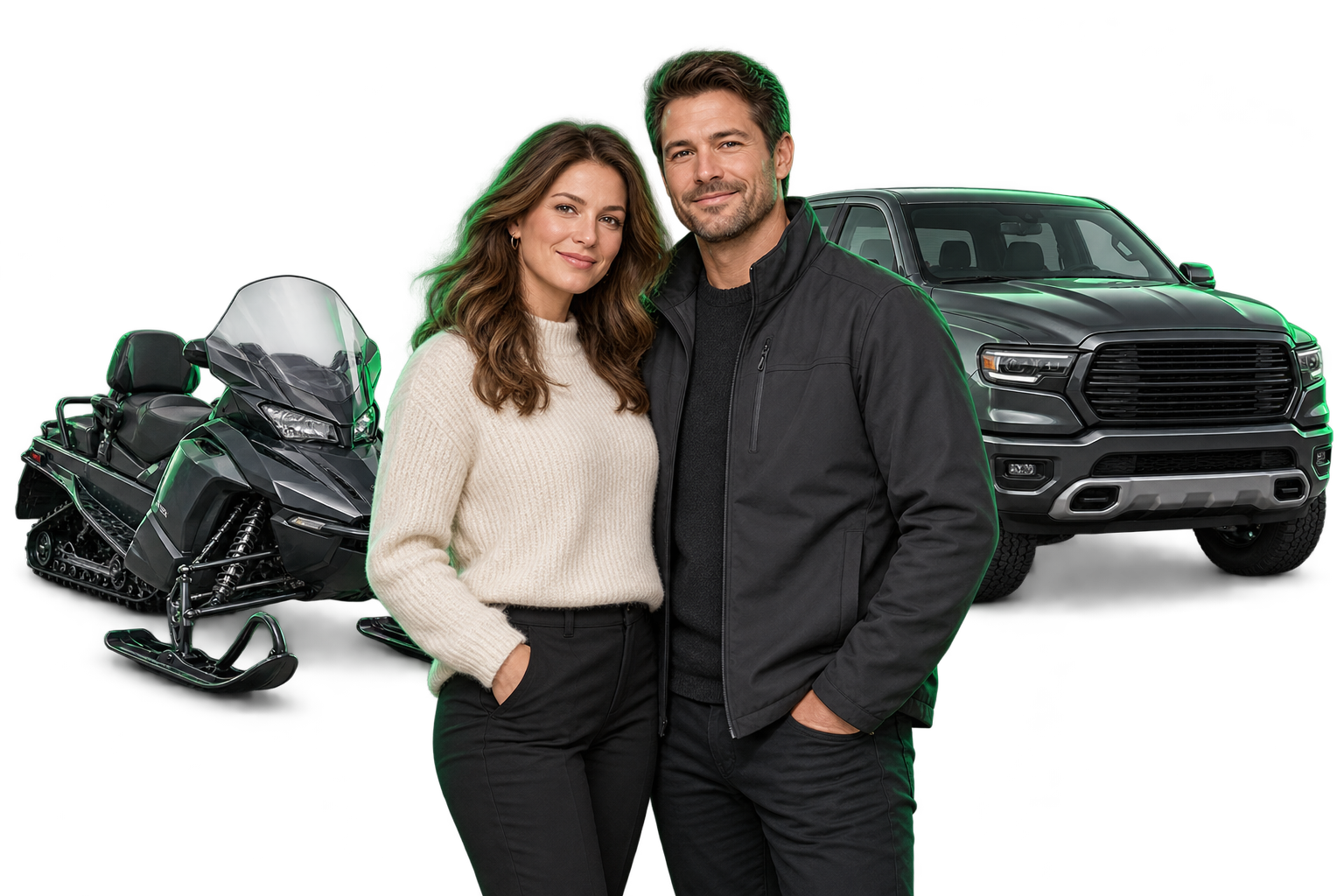 A couple in front of a snowmobile and a pickup truck, with subtle green highlights.