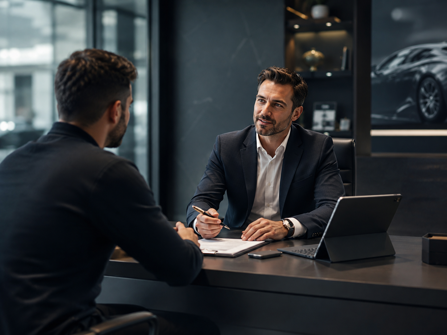 Professionnel F&I rencontrant un client en concession