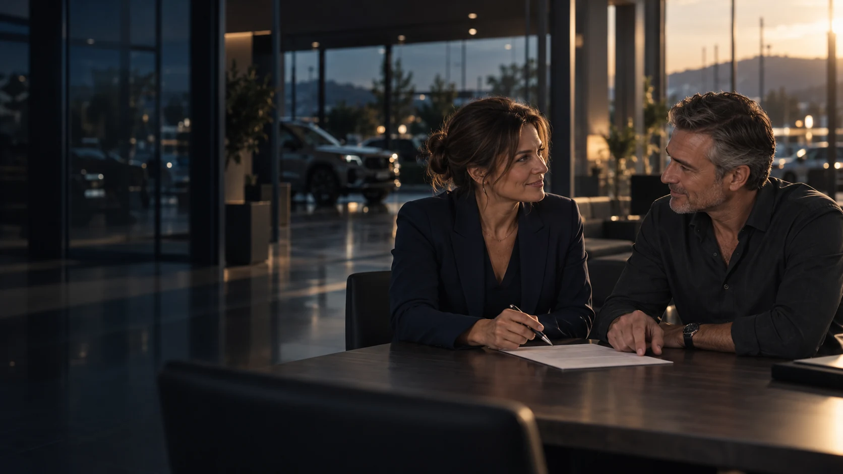 Scène illustrative : deux professionnels échangent autour d’un document dans une concession.